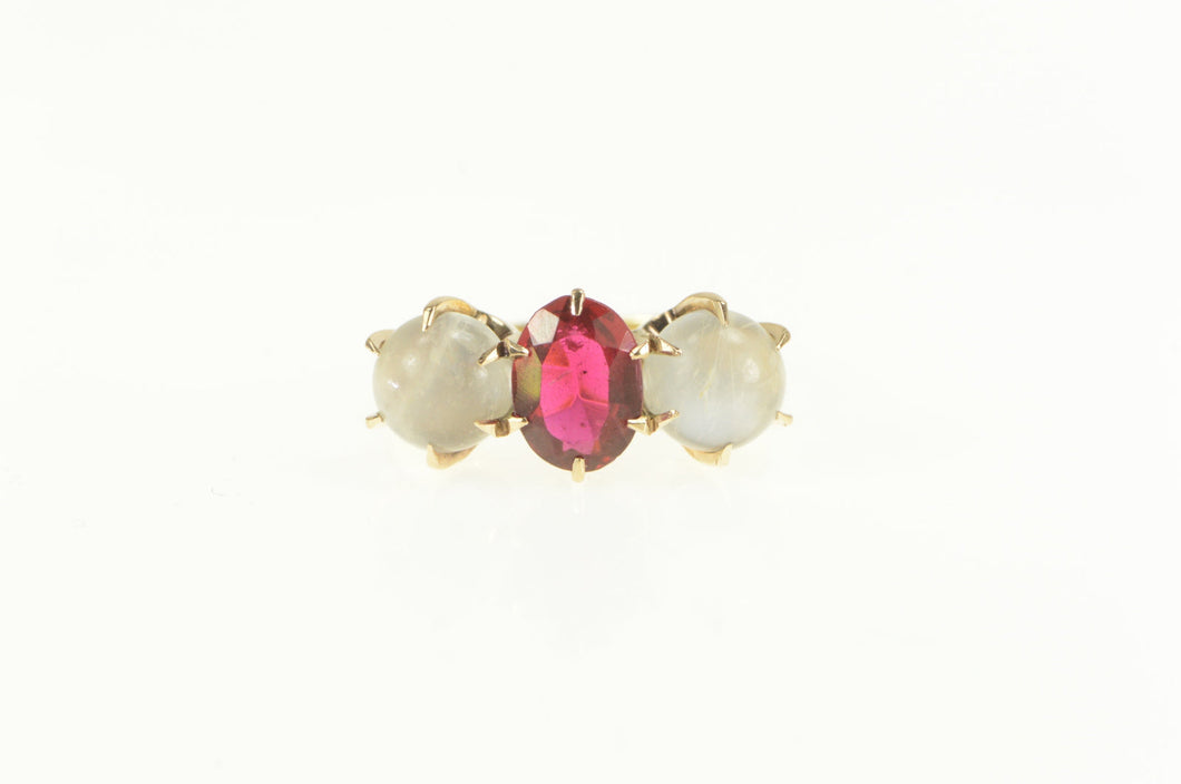 14K Victorian Oval Syn. Ruby Moonstone Gothic Ring Yellow Gold