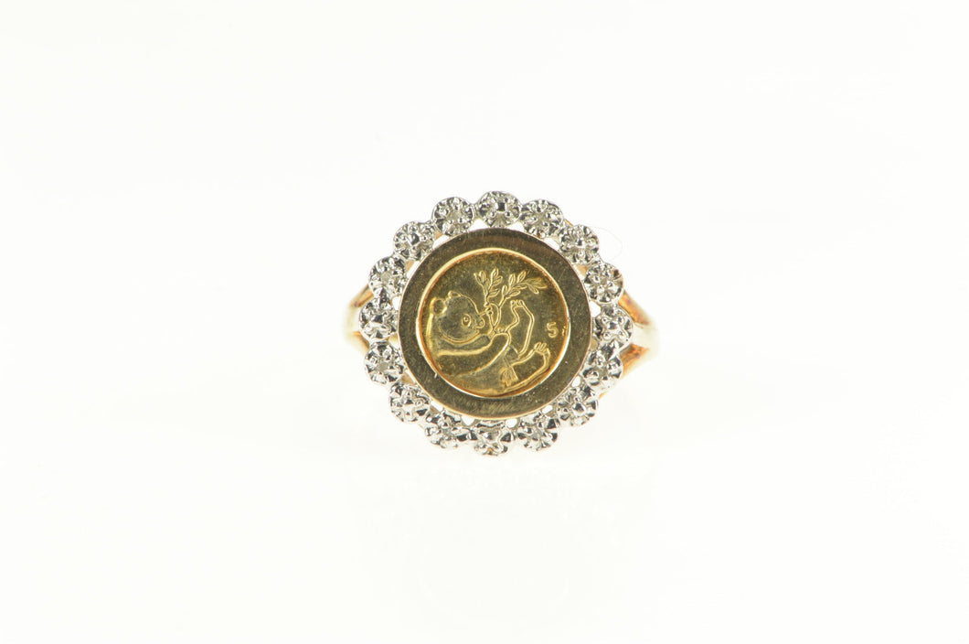 10K Chinese Panda Tribute Coin Diamond Statement Ring Yellow Gold
