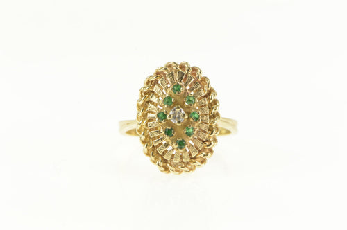 14K 1960's Ornate Emerald Halo Diamond Cocktail Ring Yellow Gold