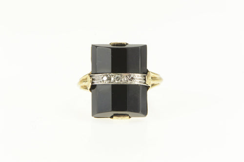 10K Art Deco Unique Black Onyx Diamond Squared Ring Yellow Gold