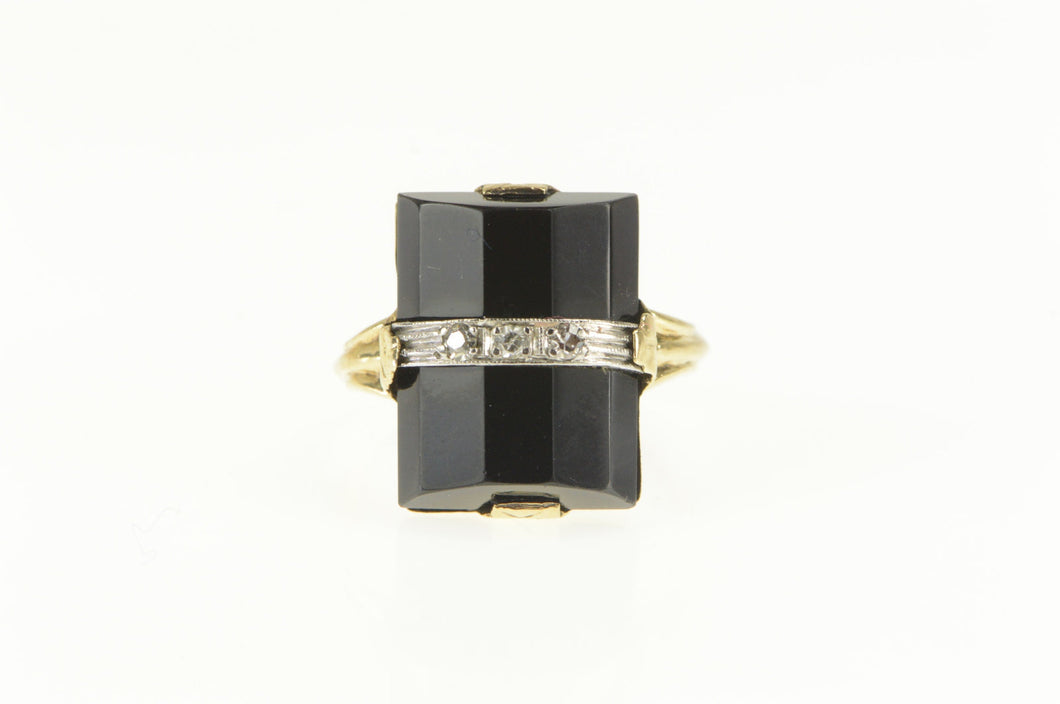 10K Art Deco Unique Black Onyx Diamond Squared Ring Yellow Gold