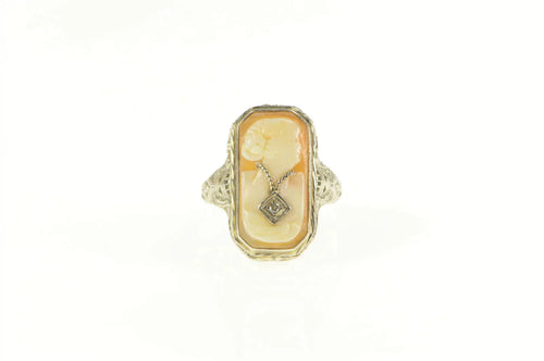 14K Art Deco Filigree Cameo Diamond Necklace Lady Ring White Gold