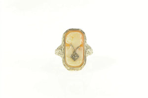 14K Art Deco Filigree Cameo Diamond Necklace Lady Ring White Gold
