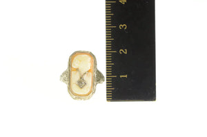 14K Art Deco Filigree Cameo Diamond Necklace Lady Ring White Gold