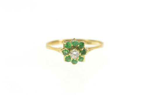 14K Diamond Emerald Halo Flower Engagement Ring Yellow Gold