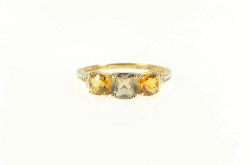 10K Smoky Quartz Diamond Cushion Three Stone Ring Yellow Gold