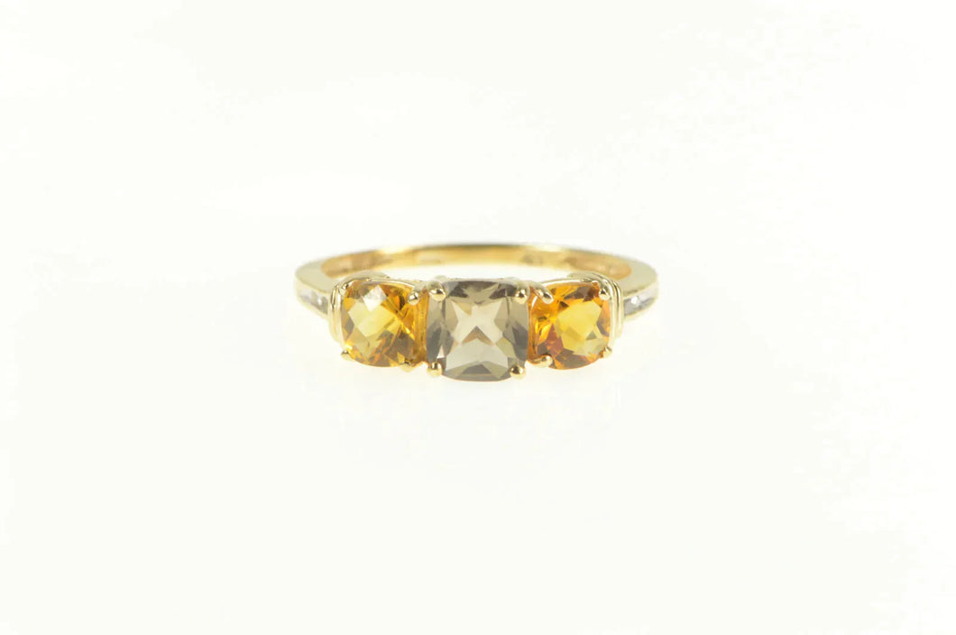 10K Smoky Quartz Diamond Cushion Three Stone Ring Yellow Gold