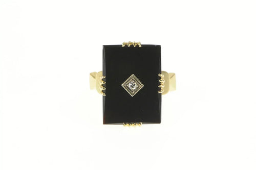 14K Retro Squared Black Onyx Diamond Accent Ring Yellow Gold