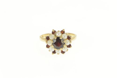 10K Retro Garnet Seed Pearl Halo Cocktail Ring Yellow Gold