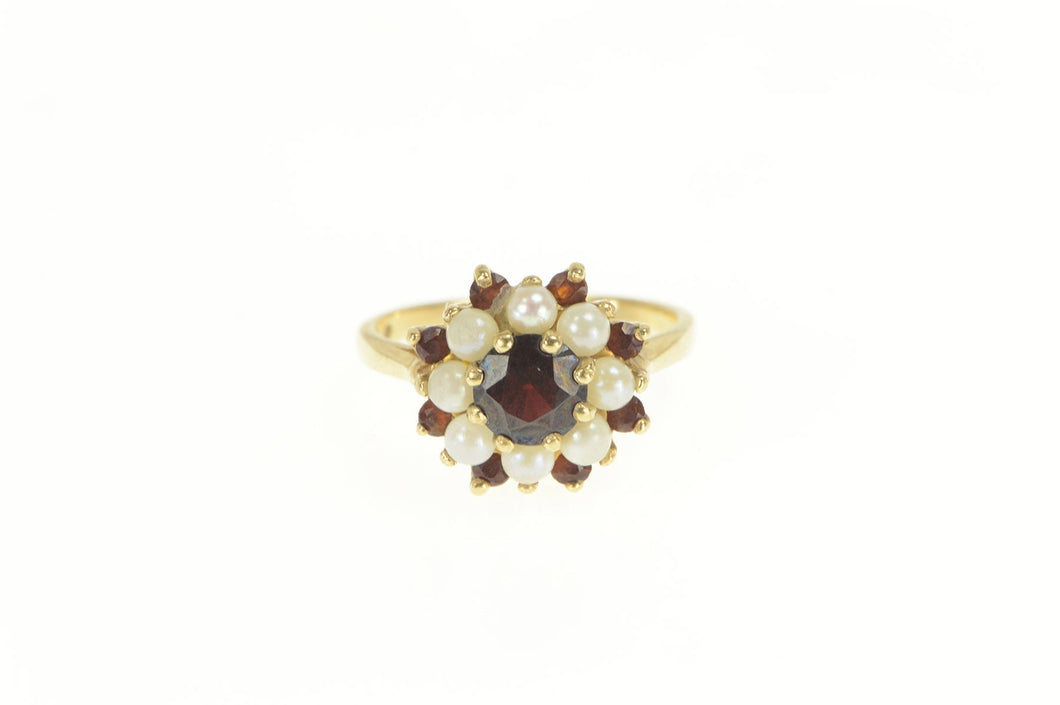 10K Retro Garnet Seed Pearl Halo Cocktail Ring Yellow Gold