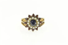 Load image into Gallery viewer, 14K Sapphire Seed Pearl Garnet Halo Cocktail Ring Yellow Gold