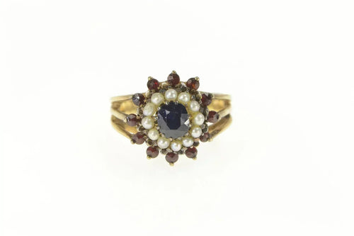 14K Sapphire Seed Pearl Garnet Halo Cocktail Ring Yellow Gold