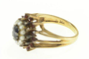 14K Sapphire Seed Pearl Garnet Halo Cocktail Ring Yellow Gold