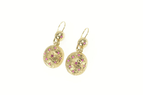 14K 1960's Domed Sputnik Syn. Ruby Dangle Earrings Yellow Gold