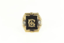 Load image into Gallery viewer, 10K 1930&#39;s G Monogram Black Onyx CZ Statement Ring Yellow Gold