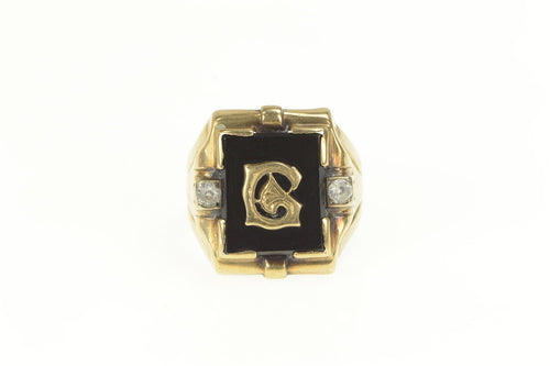 10K 1930's G Monogram Black Onyx CZ Statement Ring Yellow Gold