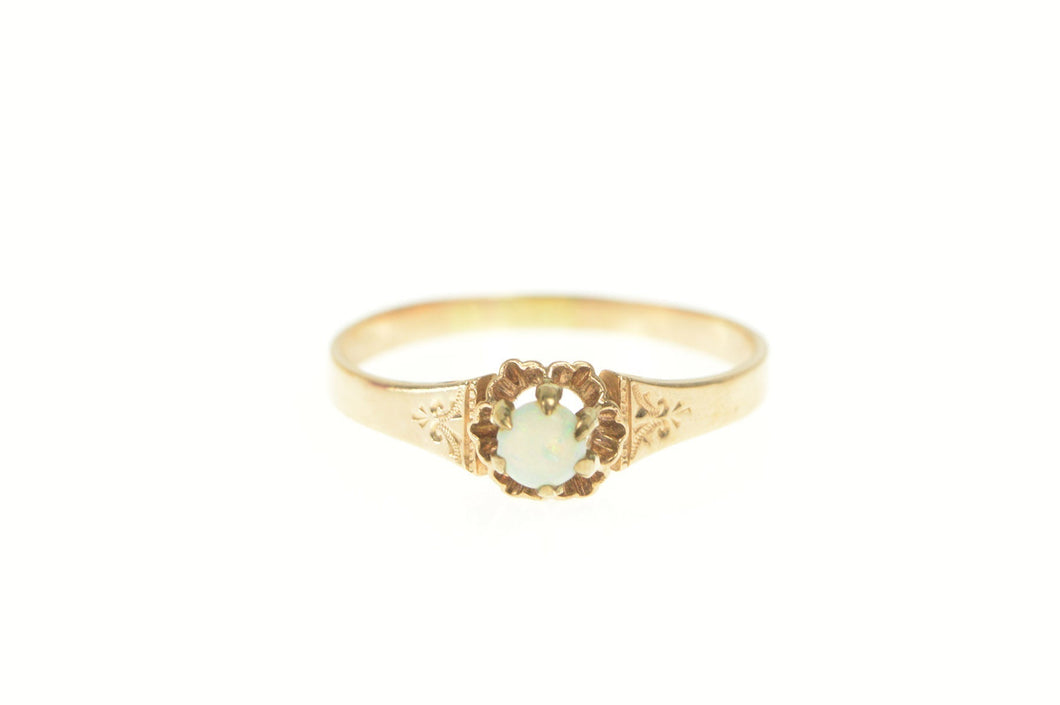 14K Victorian Round Natural Opal Scroll Engraved Ring Yellow Gold