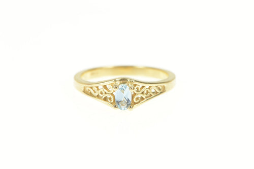 14K Blue Topaz Scroll Filigree December Birthstone Ring Yellow Gold