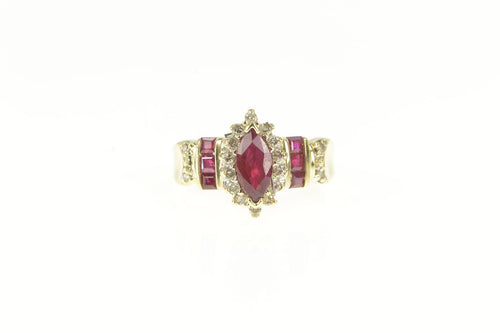 14K Marquise Ruby Diamond Halo Statement Ring Yellow Gold