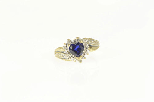 14K Heart Syn. Sapphire Diamond Accent Love Symbol Ring Yellow Gold