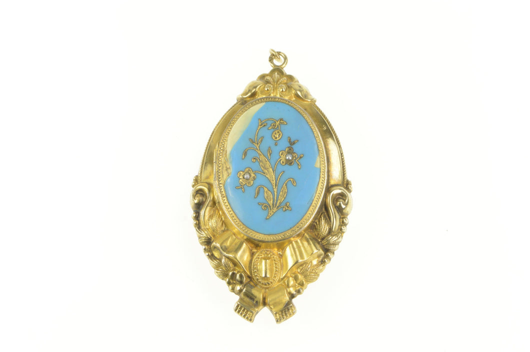 Gold Filled Victorian Blue Enamel Seed Pearl Floral Locket Pendant