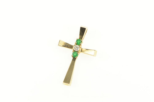 14K Classic Diamond Emerald Christian Faith Cross Pendant Yellow Gold