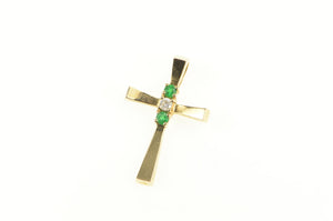 14K Classic Diamond Emerald Christian Faith Cross Pendant Yellow Gold