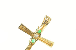 14K Classic Diamond Emerald Christian Faith Cross Pendant Yellow Gold
