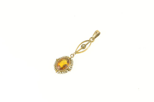 14K Victorian Oval Citrine Seed Pearl Ornate Drop Pendant Yellow Gold