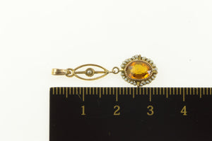 14K Victorian Oval Citrine Seed Pearl Ornate Drop Pendant Yellow Gold