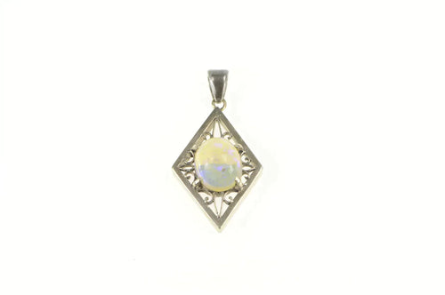 14K Oval Natural Opal Squared Filigree Statement Pendant White Gold