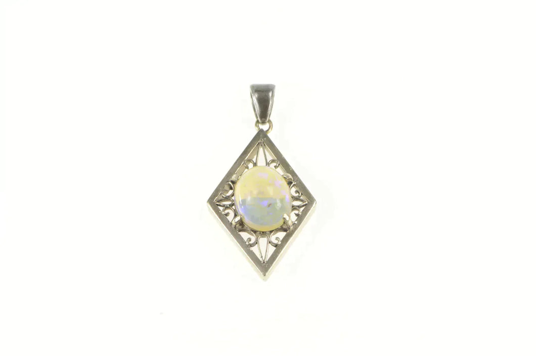 14K Oval Natural Opal Squared Filigree Statement Pendant White Gold