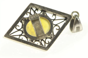 14K Oval Natural Opal Squared Filigree Statement Pendant White Gold