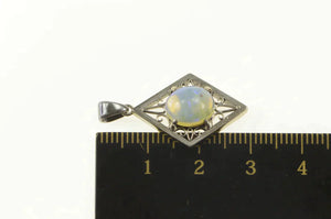 14K Oval Natural Opal Squared Filigree Statement Pendant White Gold