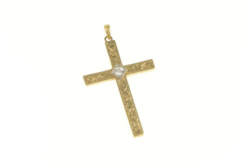 14K Art Deco Diamond Scroll Engraved Cross Pendant Yellow Gold