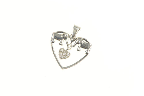 14K Diamond Heart Dangle Elephant Design Pendant White Gold