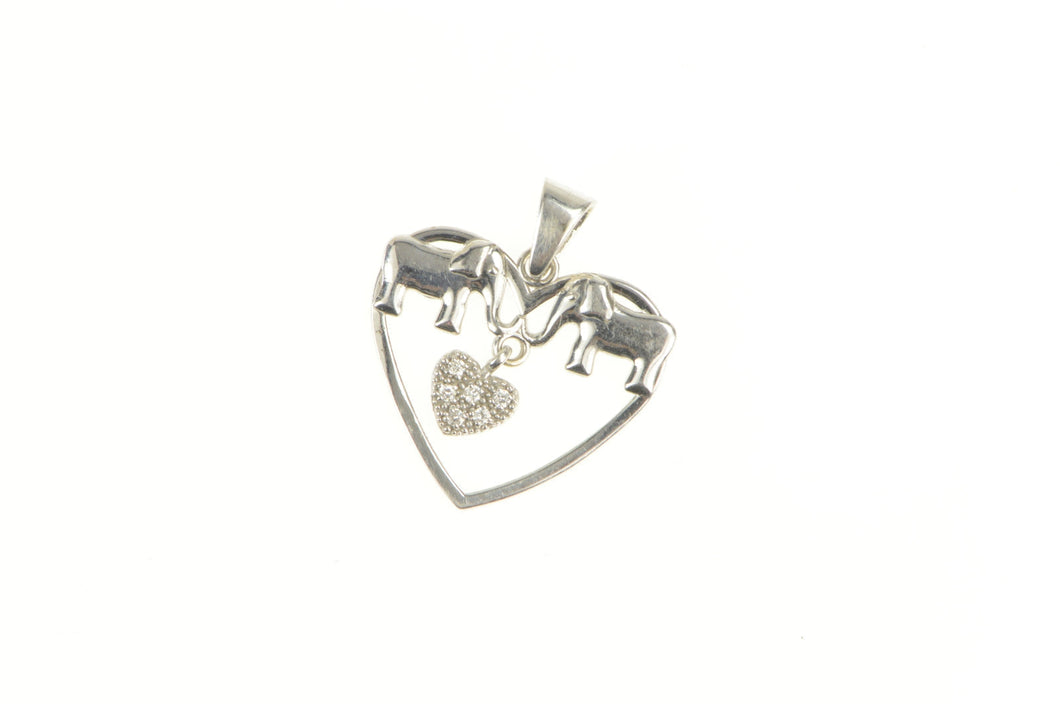 14K Diamond Heart Dangle Elephant Design Pendant White Gold