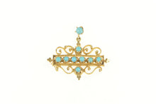 Load image into Gallery viewer, 14K Victorian Elaborate Turquoise Scroll Bar Dangle Pin/Brooch Yellow Gold