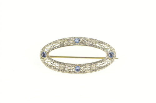 14K Art Deco Filigree Syn. Sapphire Oval Pin/Brooch White Gold