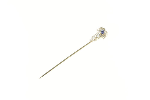 14K Art Deco Filigree Diamond Syn. Sapphire Stick Pin White Gold