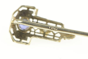 14K Art Deco Filigree Diamond Syn. Sapphire Stick Pin White Gold