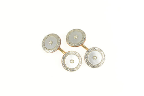 14K Art Deco Mother of Pearl Seed Pearl Engraved Cuff Links Yellow Gold