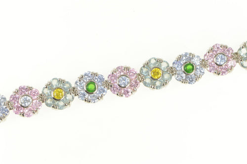 Sterling Silver Pink Blue White CZ Flower Cluster Necklace 16.25