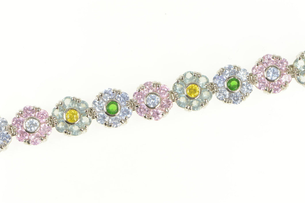 Sterling Silver Pink Blue White CZ Flower Cluster Necklace 16.25