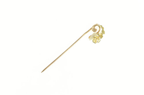 10K Victorian Baroque Pearl Oak Leaf Swirl Stick Pin Yellow Gold