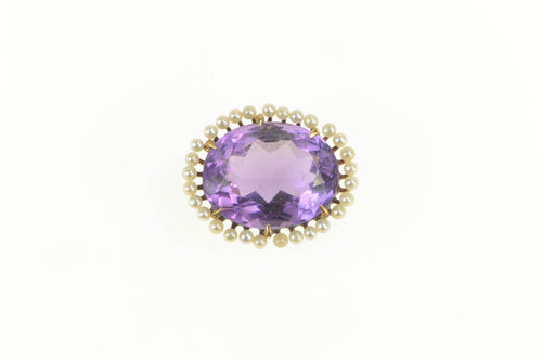 14K Victorian Oval Amethyst Seed Pearl Pendant Yellow Gold