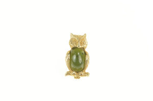 14K Oval Nephrite Perched Owl Wisdom Lapel Pin/Brooch Yellow Gold