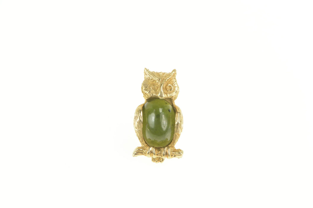 14K Oval Nephrite Perched Owl Wisdom Lapel Pin/Brooch Yellow Gold