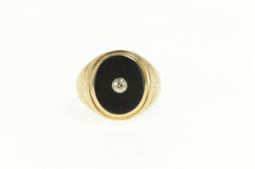 10K Oval Black Onyx Diamond Accent Retro Men's Ring Yellow Gold