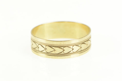 14K Art Deco Heart Pattern Ornate Band Ring Yellow Gold